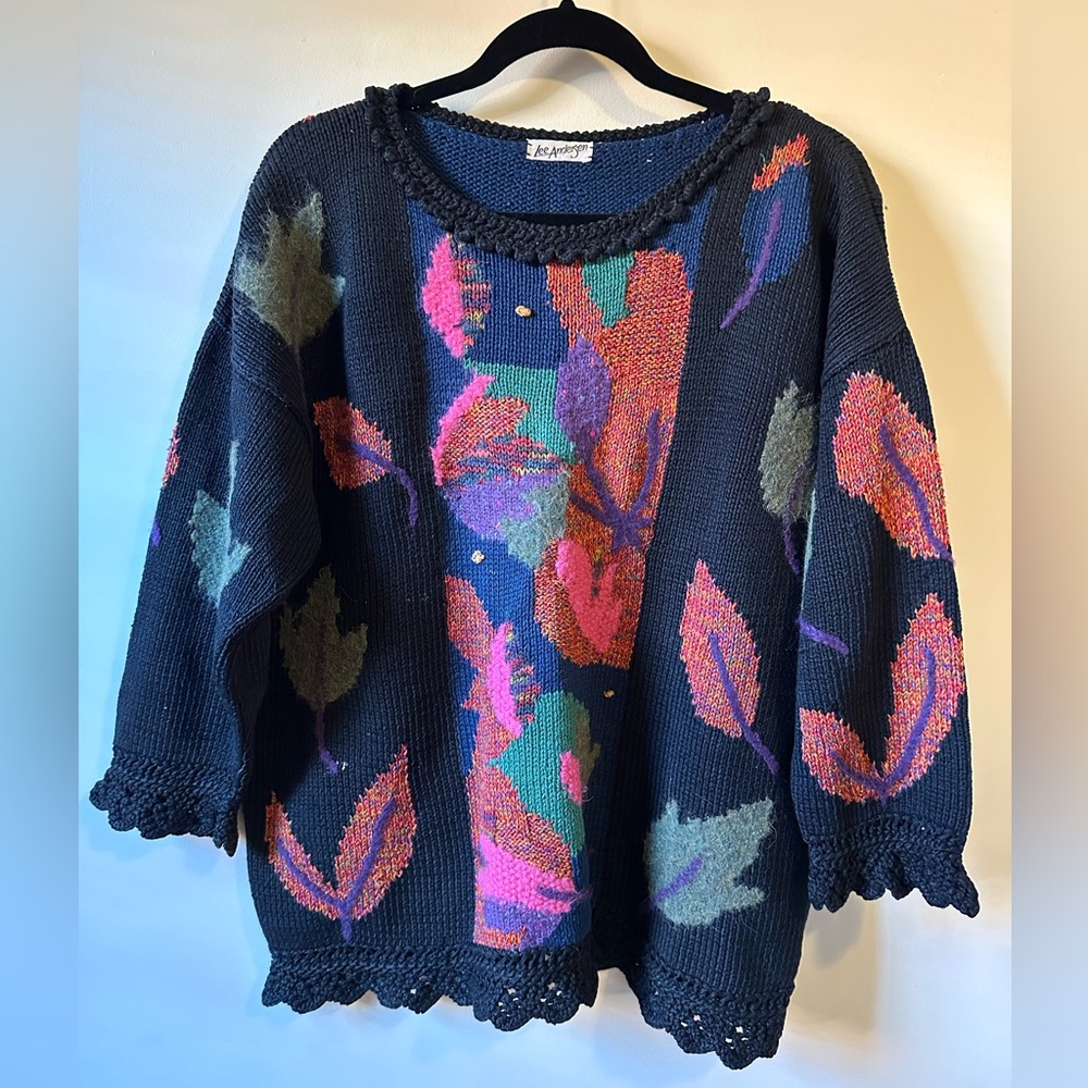 Vintage Lee Anderson Chunky Knit Abstract Leaf Fall Winter Sweater Crochet Hem
